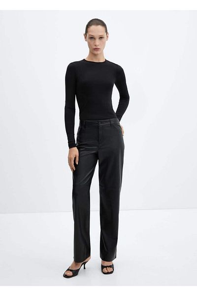 MANGO Woman Mid-Waisted Leather Look Trousers