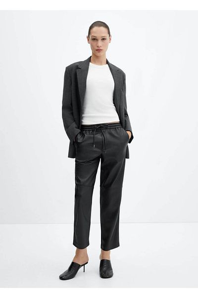 MANGO Woman Leather Look Elastic Waist Trousers