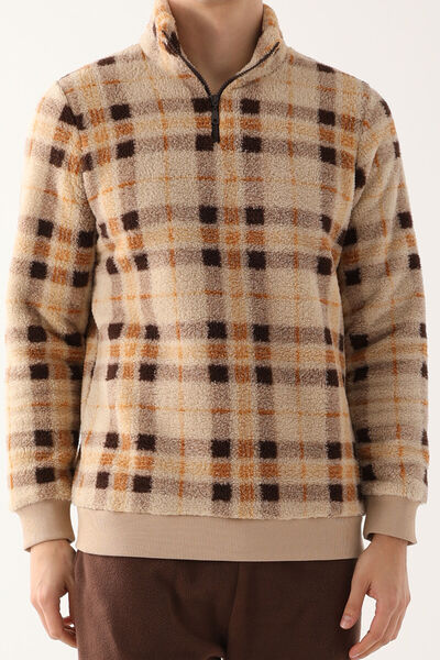 Arnetta Checkered Zipper Açık Kahverengi Erkek Uzun Kol Pijama Takım