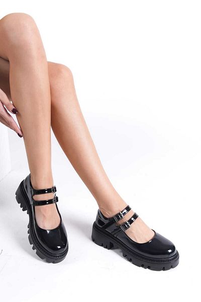 Nexs Women's Black Patent Leather Harajuku Style Lolita Double Band Shoes