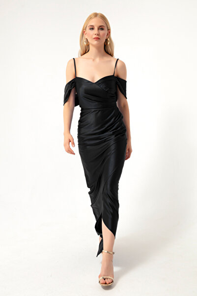 Lafaba Dámské černé dlouhé večerní šaty s tenkým ramínkem s dvojitým výstřihem a výstřihem