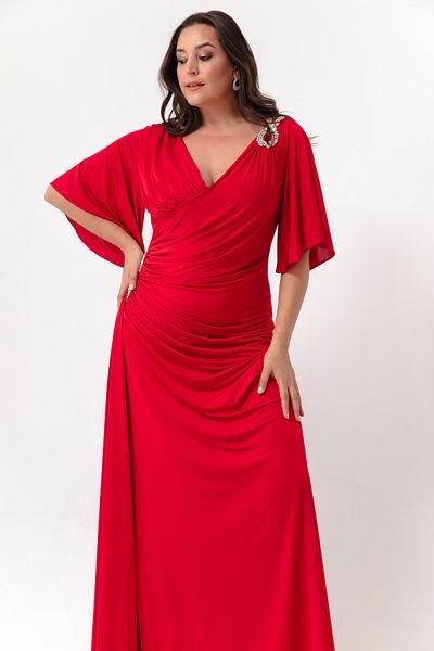 Lafaba Women's Red Short Sleeve Slit Long Plus Size Evening Dress