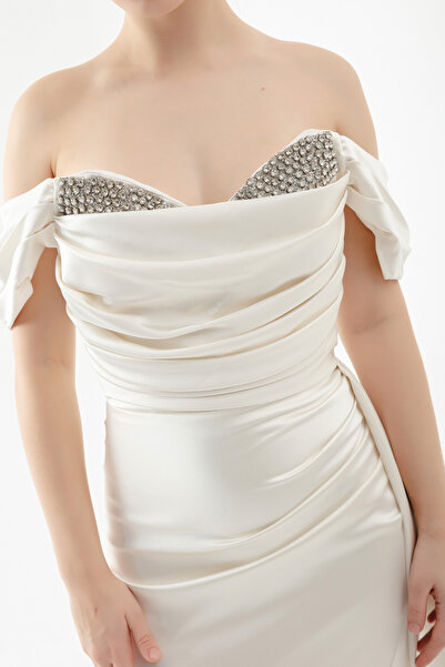 Lafaba Weißes, langes Abendkleid aus Satin mit U-Boot-Ausschnitt und Schlitz für Damen