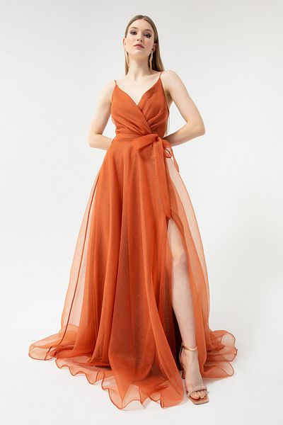 Lafaba Damen-Abendkleid mit Kachelmuster, zweireihig, Ausschnitt und Gürtel, lang, glitzernd