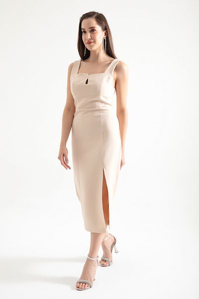Lafaba Women's Beige Square Collar Slit Midi Dress