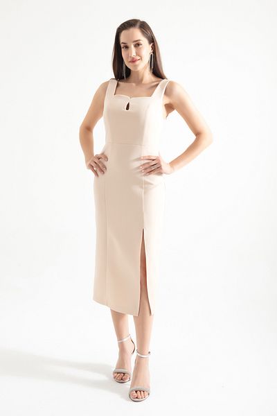 Lafaba Women's Beige Square Collar Slit Midi Dress