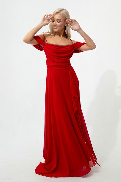 Lafaba Langes Abendkleid für Damen mit roten Seilträgern und Steindetail