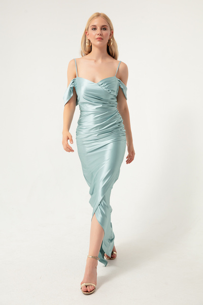 Lafaba Dámské tyrkysové dlouhé večerní šaty s tenkým ramínkem a výstřihem s dvojitým výstřihem