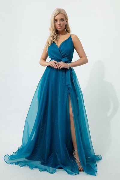 Lafaba Women's Turquoise Double Breasted Neck Belted Long Glitter Evening Dress