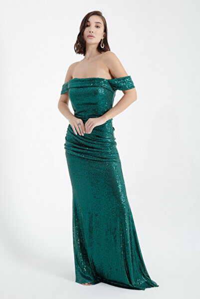 Lafaba Women's Emerald Green Boat Neck Sequined Long Evening Dress