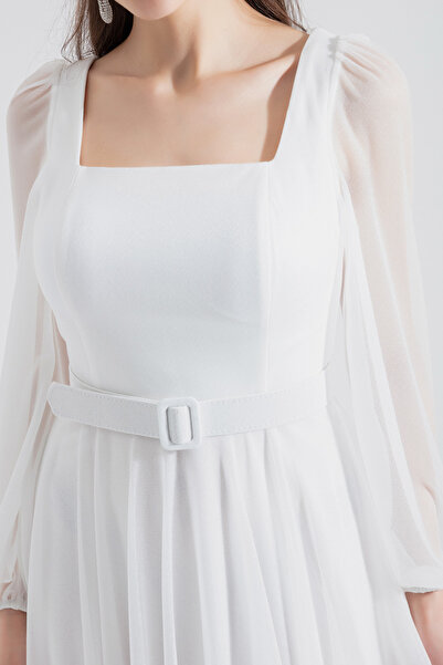 Lafaba Dámské bílé večerní šaty se čtvercovým límcem s páskem Midi třpytivé