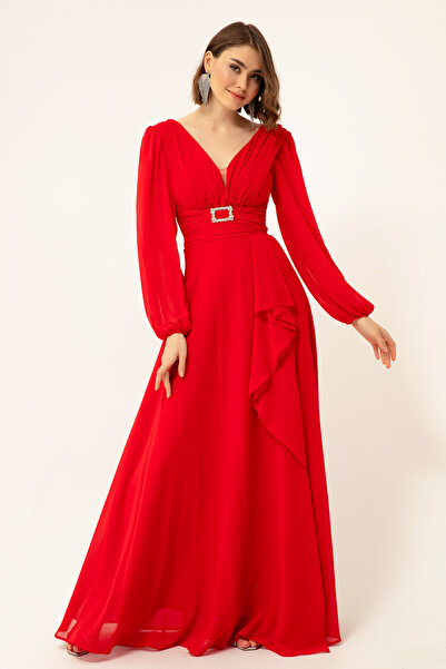 Lafaba Women's Red Stone Belted Chiffon Evening Dress