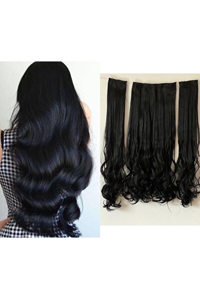 CESLİFE Siyah Maşa Dalgalı Yarımay Postiş Takma Saç +2 Yan Çıtçıtlı Postiş Set