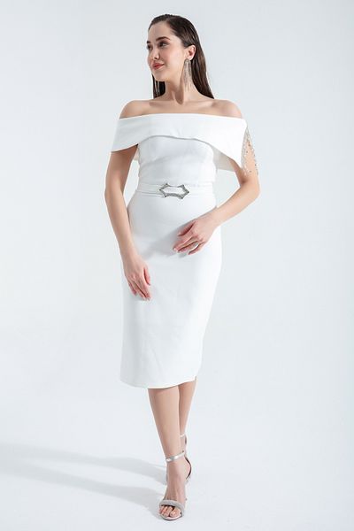 Lafaba Weißes Midi-Abendkleid für Damen mit U-Boot-Ausschnitt, Schmuckgürtel