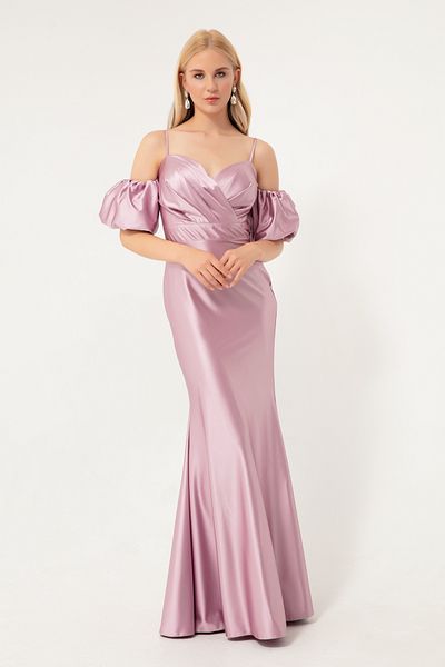 Lafaba Women's Lilac Rope Strap Low Sleeve Long Satin Evening Dress