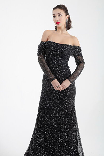 Lafaba Dámské černé dlouhé večerní šaty s lodičkovým výstřihem