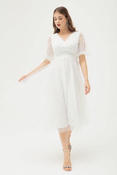 Lafaba Weißes, silbriges Abendkleid mit Ballonärmeln für Damen