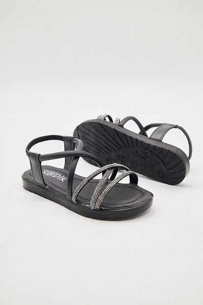 ALTUNTAŞ Black Stoned Braided Elastic Sandals for Girls - Orthopedic Sole