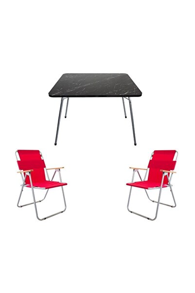 Bofigo 60 x 80 Granit Masa + 2 Adet Katlanır Sandalye Kırmızı