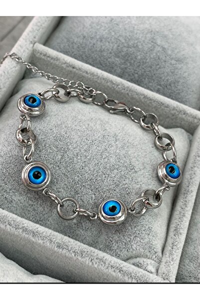 artistik bijuteri silver color bracelet with steel evil eye beads