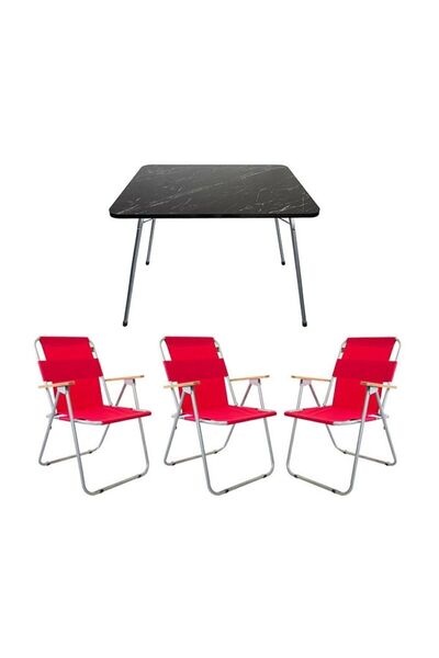 Bofigo 60 x 80 Granit Masa ve 3 Sandalye Kamp Seti Kırmızı