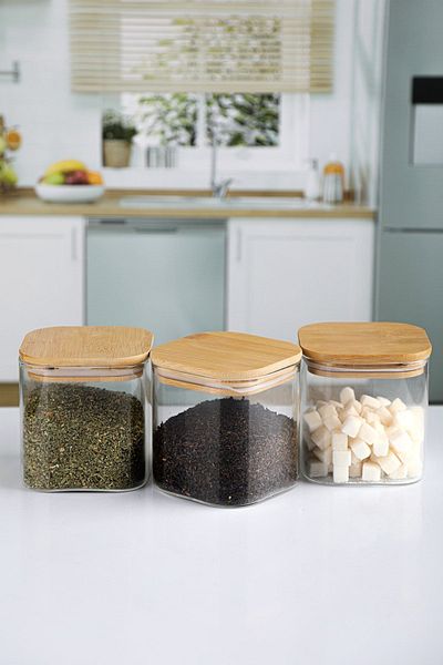 Karçiçeği Home 6-Piece 800 Ml Square Glass Spice Jar and Food Container with Bamboo Lid
