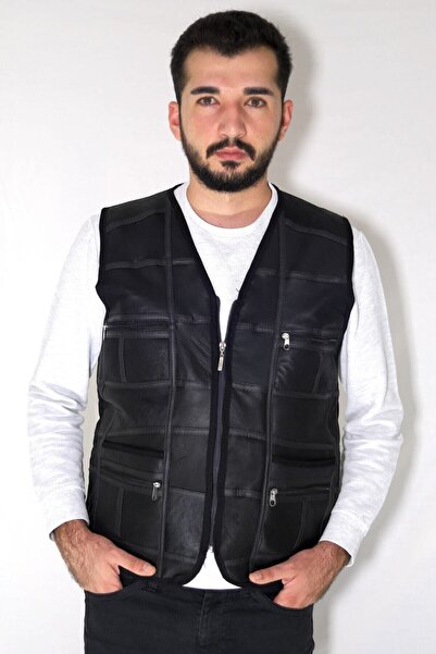 Jack Paul Чоловічий чорний шкіряний жилет з хутром всередині