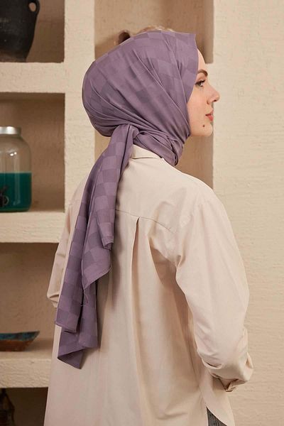 İpekhan Silk Jacquard Series Checkerboard Patterned Purple Necklace Jacquard Shawl 9002-27