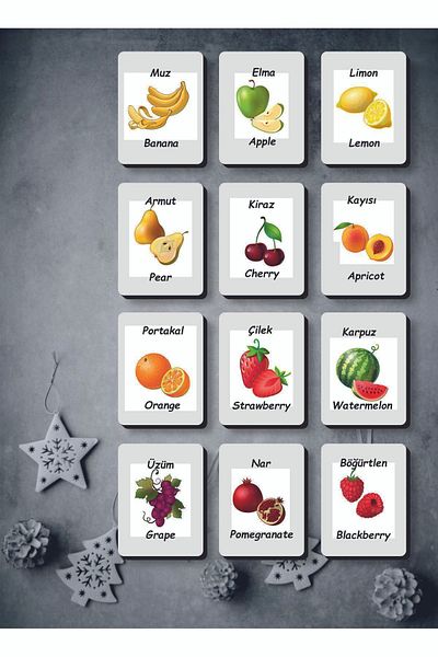 Sipylum Wooden Intelligence Cards Matching Game Wooden Puzzle Toy (Fruits) Turkish-English