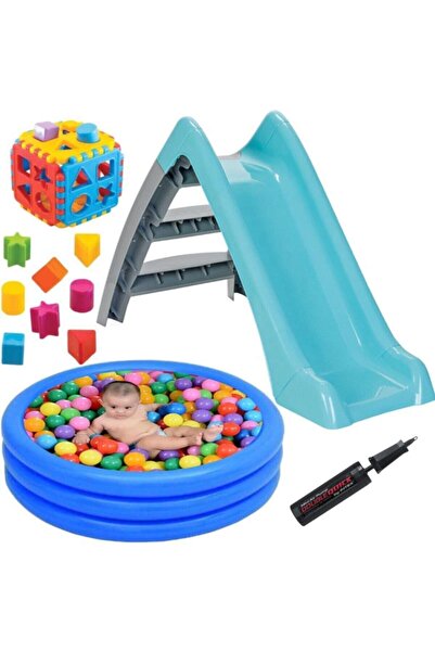 Depomiks Avm Kaydırak Set + 100 Adet Top + Havuz + Bultak Küp Şişirme Pompası