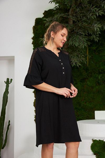 RMG Plus Size Black Dress with Lace Shoulders and Sleeves