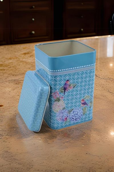 EVLE Ef022-d9 Blooming Blue Patterned Square Metal Storage Container 11x11 Cm
