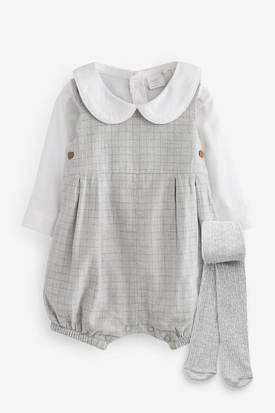 Next Baby 100% Cotton Gray Baby Collar Bodysuit Salopet Socks Set of 3