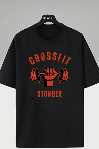 Massgai Tricou oversize, 100% bumbac, cu imprimeu Crossfit Stonger, design un...