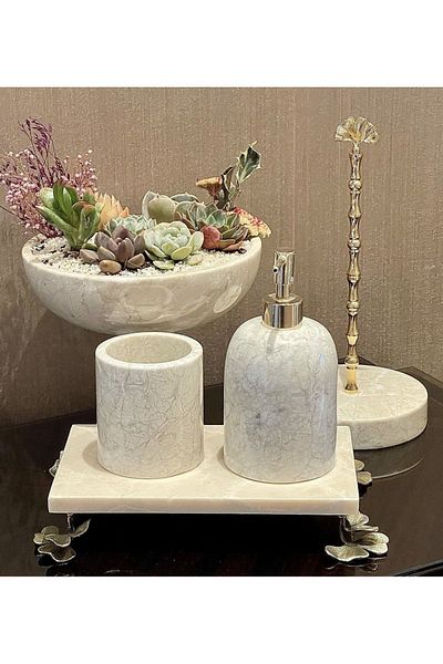 ege gross DECORATIVE BEIGE MARBLE GINKO ACCESSORY DETAILED 4-PIECE BATHROOM SET SET