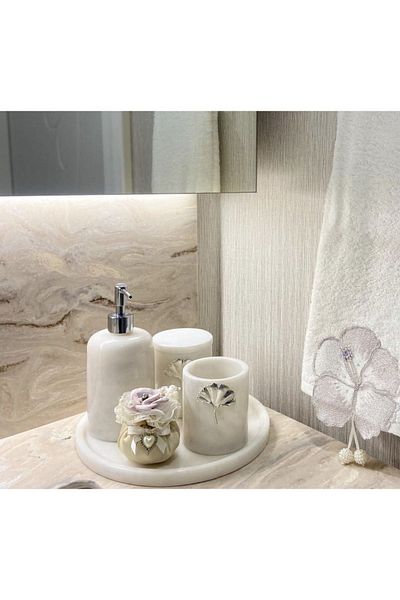 ege gross Decorative White Marble Silver Flower Detailed 5 Piece Bathroom Set Set