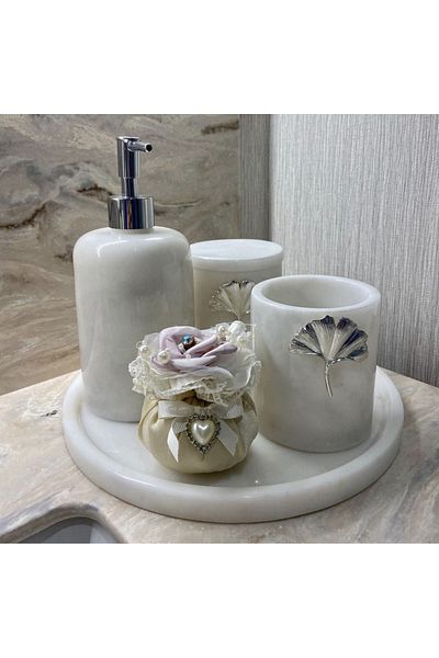 ege gross Decorative White Marble Silver Flower Detailed 5 Piece Bathroom Set Set