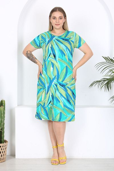 Madwilo Rochie de damă din viscoză flexibilă cu model de frunze albastre verzi