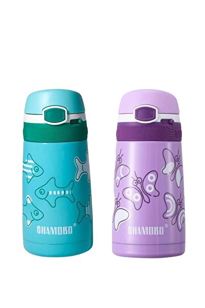 Shamobo زجاجة مياه للأطفال من الفولاذ المقاوم للصدأ سعة 350 مل مع مصاصة فاجون لايف (مجموعة من 2)