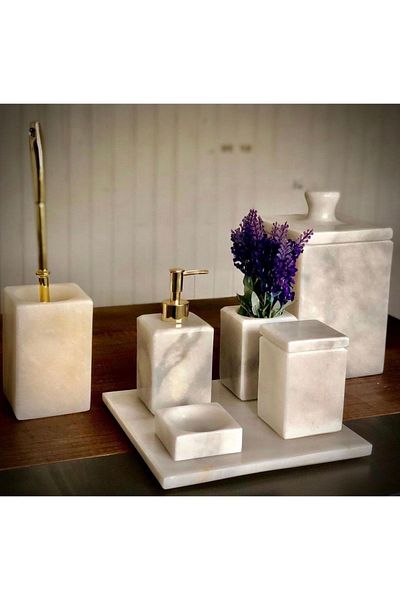 ege gross Decorative White Marble Plain Square Gold Detailed 7-Piece Bathroom Set Set