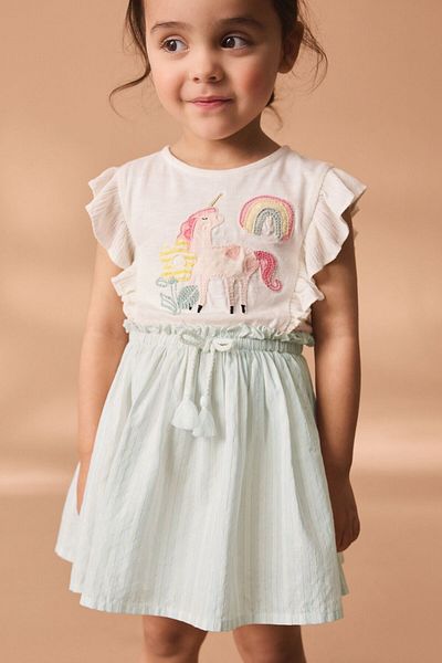 Next Baby 100% Cotton White Unicorn Print Short Sleeve Dress