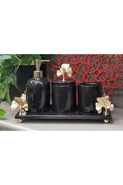 ege gross Decorative Black Color Marble Bathroom Set Set of 4 Gynco Accessory Detailed Design Set