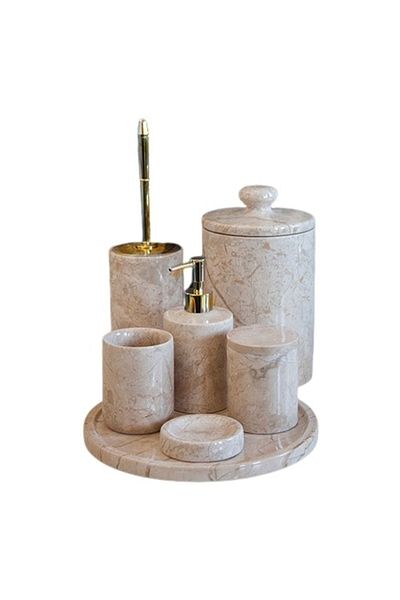 ege gross Beige Marble Gold Detailed 7-Piece Bathroom Set Set
