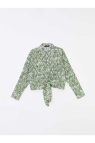 LC Waikiki Γυναικεία μπλούζα LCW Crop - Γιακάς πουκαμίσου, στάμπα, μακρυμάνικο