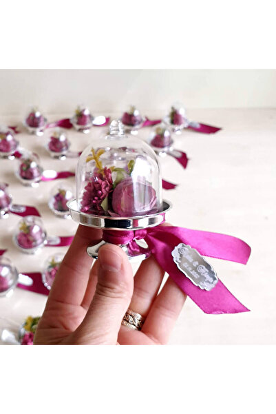 Mekece Nikah Şekeri Söz Nişan Düğün Hediyelikleri Pleksi Etiketli Gümüş Çiçek Fanusu Nks-48G - 50 Adet