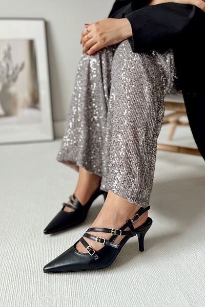 POLKA STORE Obsession Triple Pointed Toe Three-Striped Buckle Black Patent Leather Heeled Women's Shoes