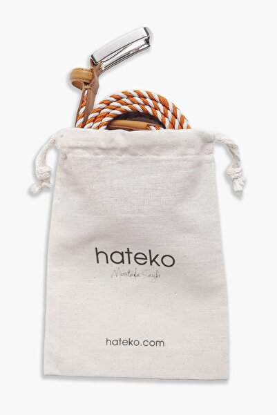 hateko Men's Orange White Genuine Leather Detailed Elastic Knitted Belt