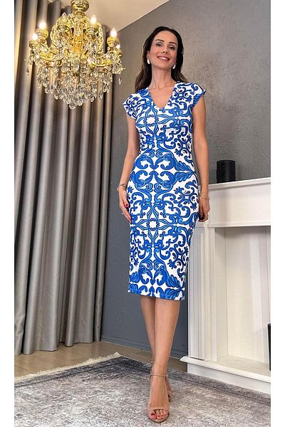 Atelier Derin Rochie lungă creion alb albastru