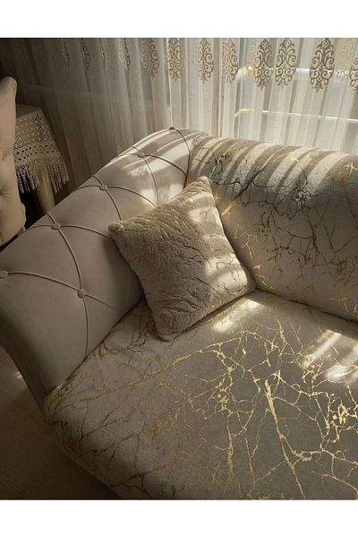 Paris Life 160x200 Size Cream-Gold Leaf Rabbit Plush Sofa Cover
