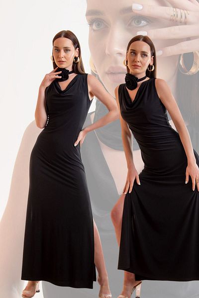 Laranor Black Rose Detailed Lace Collar Slit Homecoming Dress